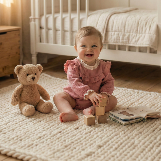 Baby wearing a cottagecore pink muslin cotton romper with a lace collar sitting on a rug in a nursery.