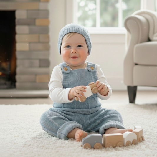 Knit Baby Overalls with Wooden Buttons - Vintage Style Romper (6-18M)