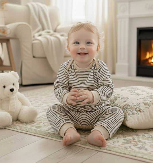 Neutral Beige Striped Baby Romper - Soft Cotton Blend Long Sleeve One-Piece (3-18M)