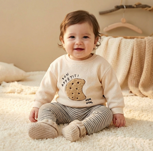 "Bon Appétit" Cookie Embroidered 2-Piece Baby Set | Cream Sweatshirt & Striped Pants (6M-3T)