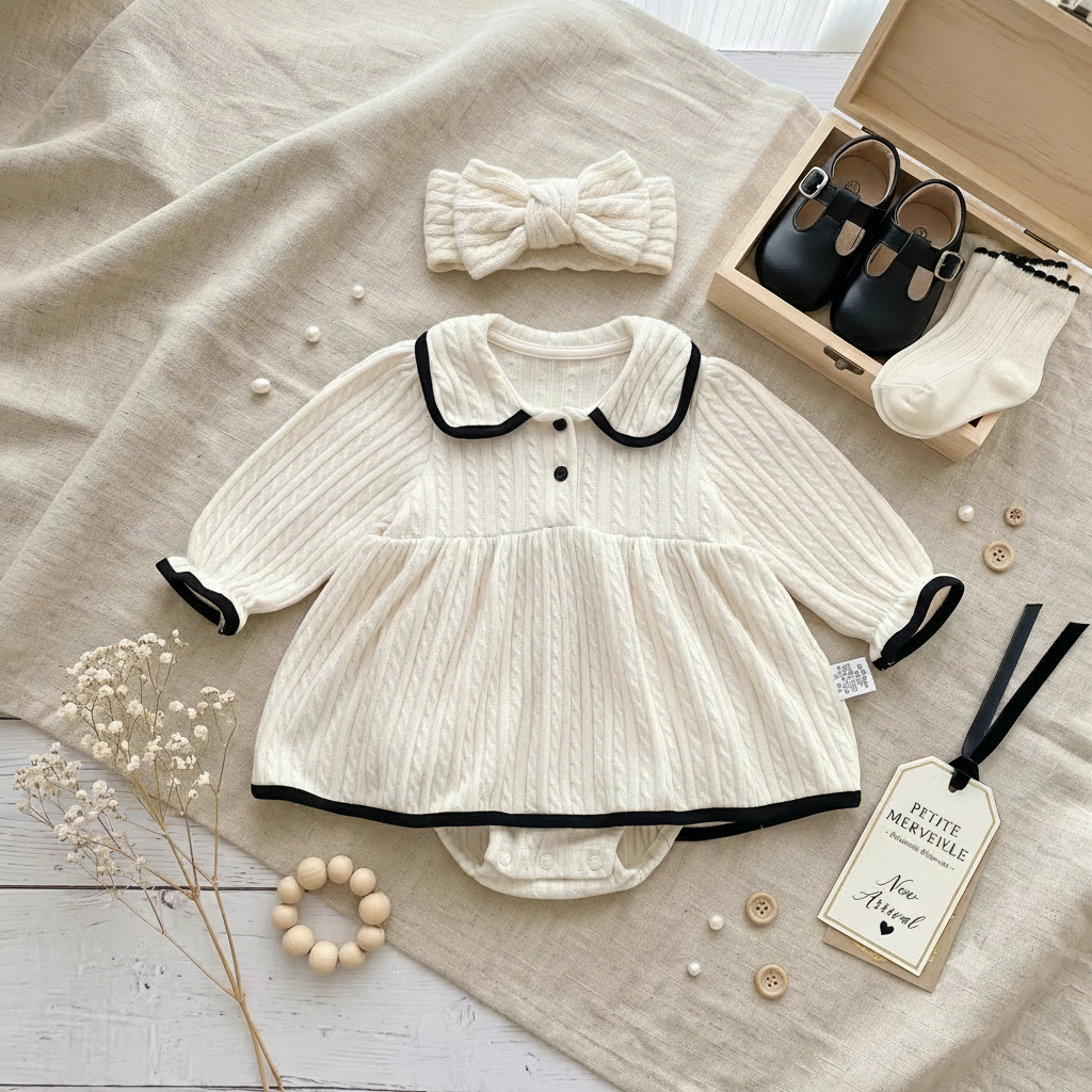 Baby Girl Long Sleeve Cable Knit Sweater Romper Dress with Peter Pan Collar (3-24M)