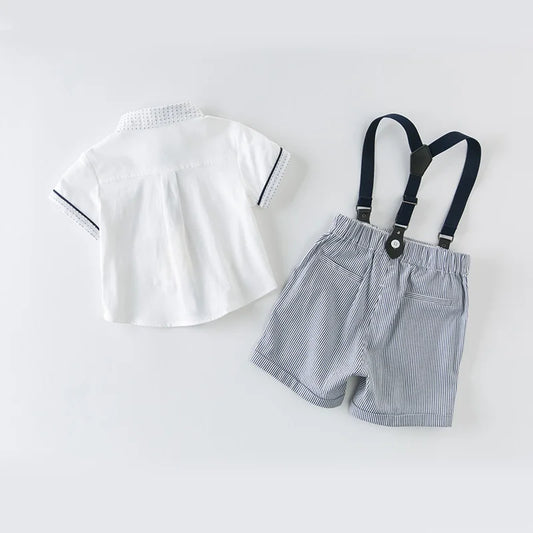 Baby & Toddler Boys' 2-Piece Summer Gentleman Suit - White Cotton Shirt & Striped Suspender Shorts Set (12M-6Y)