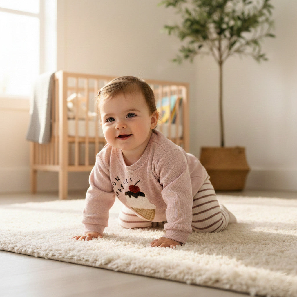 Baby Girl 2-Piece Outfit Set - Pink Ice Cream Sweatshirt & Striped Ribbed Leggings (6M-3T)
