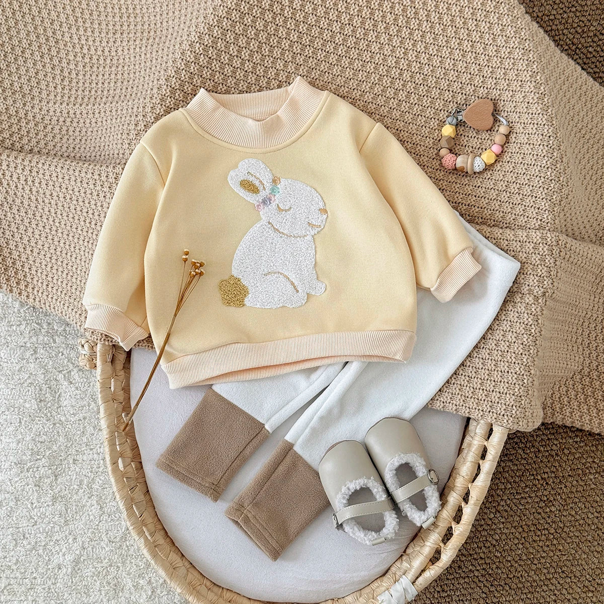 Toddler Girl Winter Bunny Fleece Outfit - 2pc Sherpa-Lined Sweatshirt & Joggers Set (6M-3T)