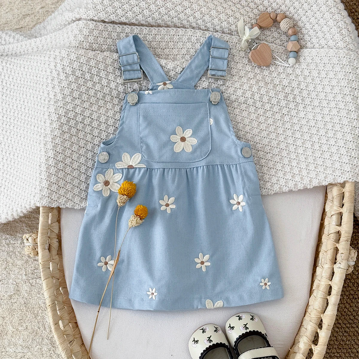 Baby Girl Daisy Embroidered Overall Dress | Toddler Blue Cotton Summer Jumper (6M-3T)