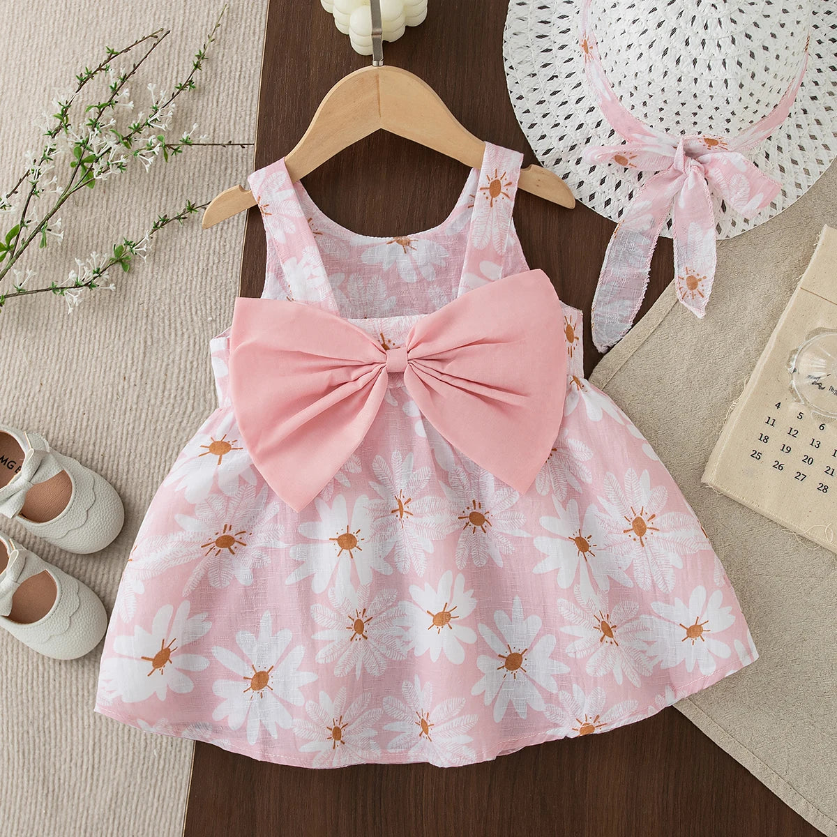 Toddler & Baby Girl Summer Daisy Print Beach Dress with Sun Hat & Bow Set (3M-3T)