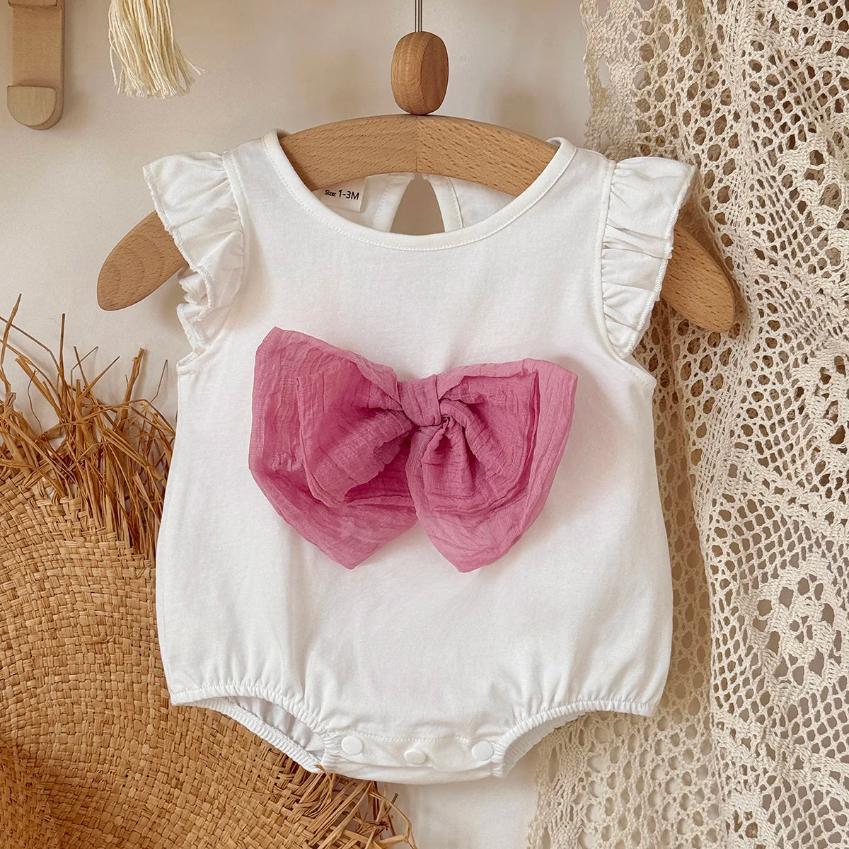 Baby Girl Ruffle Sleeve Knitted Bodysuit - Sweet Summer One-Piece Romper with Large Bow (1-18M)