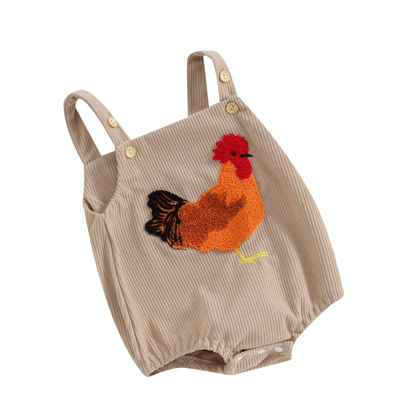 Unisex Baby Rooster Embroidery Corduroy Romper - Sleeveless Beige Overalls Bodysuit (0-12M)