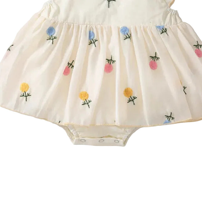 Baby Girl Floral Embroidered Cotton Romper Dress with Matching Headband | Flutter Sleeve Summer Toddler Outfit (3-24M)