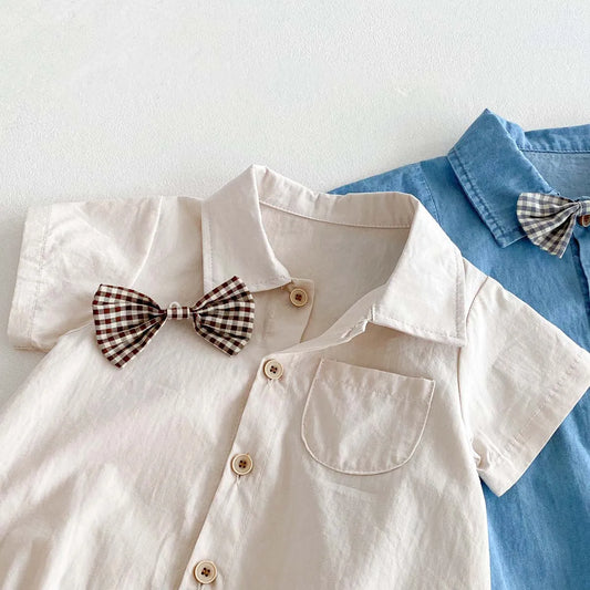 Baby Boy Korean Style Cotton Romper - Short Sleeve Lapel Shirt Jumpsuit with Bow Tie (0-24 Months)