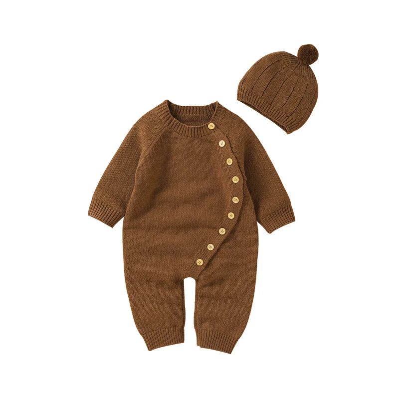 Knitted Baby Romper & Hat Set - Soft Side-Button Jumpsuit (0-18M)