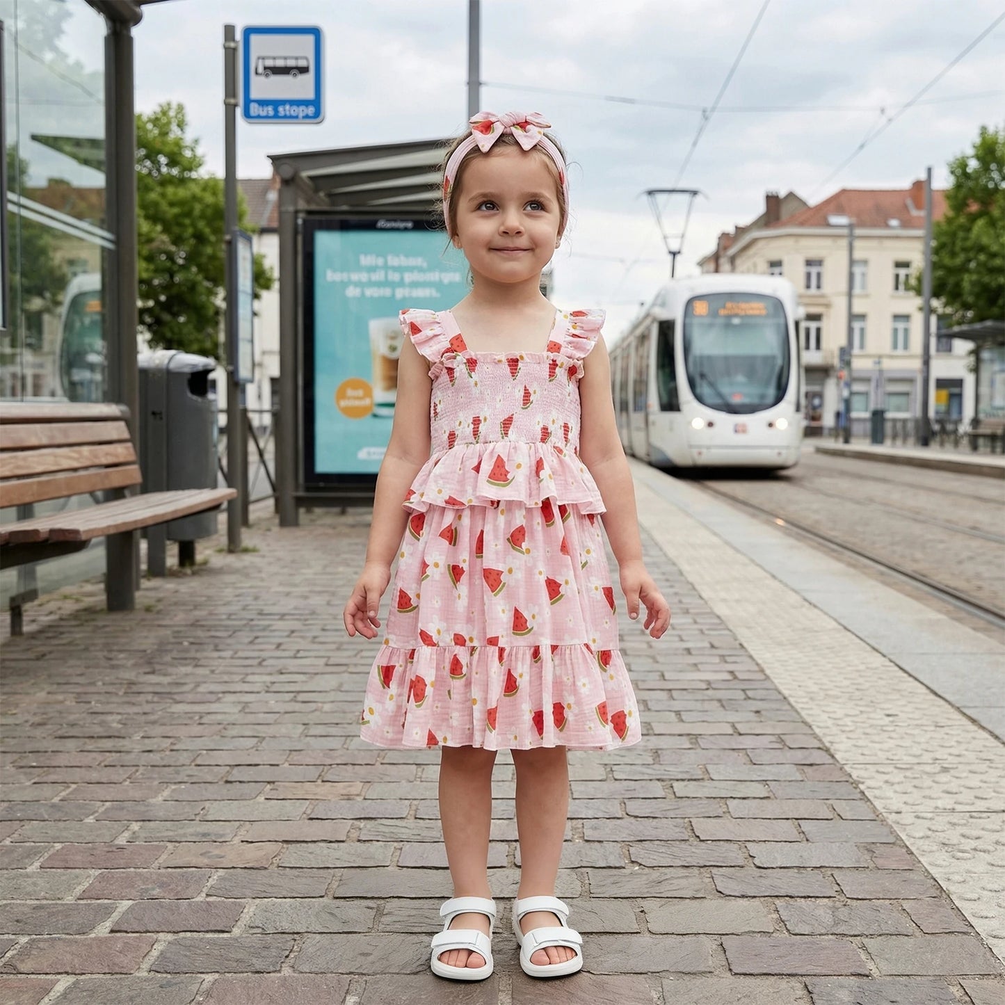 Baby & Toddler Girl Watermelon Floral Summer Dress - Smocked Tiered Ruffle Tank Dress with Matching Headband (12M-5T)