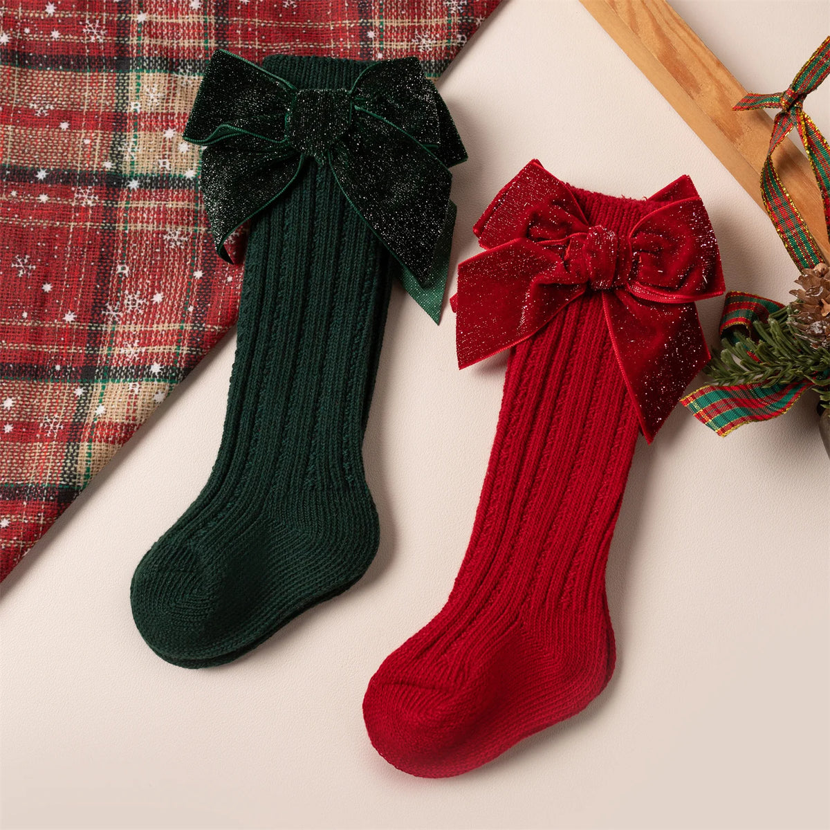 Baby & Toddler Girls Christmas Velvet Bow Socks – Kids Festive Ribbed Knit Stockings (0–8 Years)