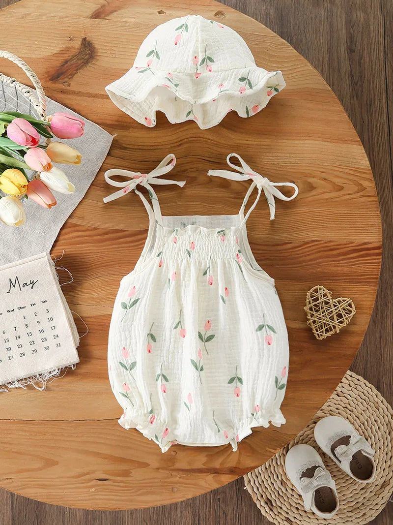 Baby Girl Muslin Cotton Romper & Sun Hat Set - Floral 2-Piece Summer Bodysuit (3-18M)