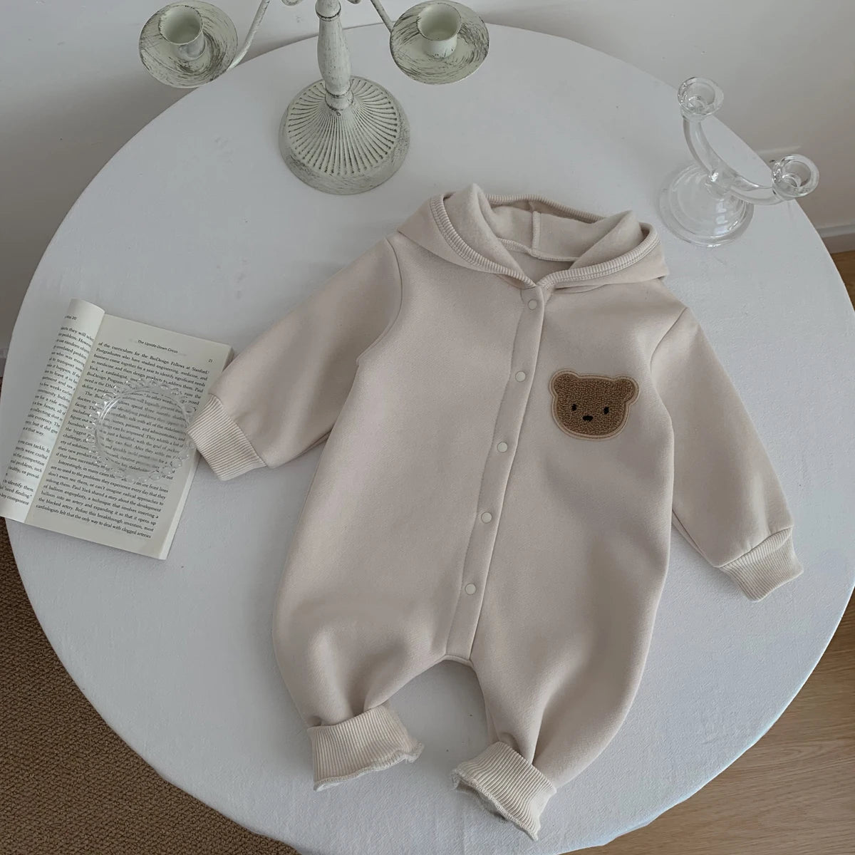 Cozy Bear Hooded Romper – Warm Cotton Blend Jumpsuit (0-18M)