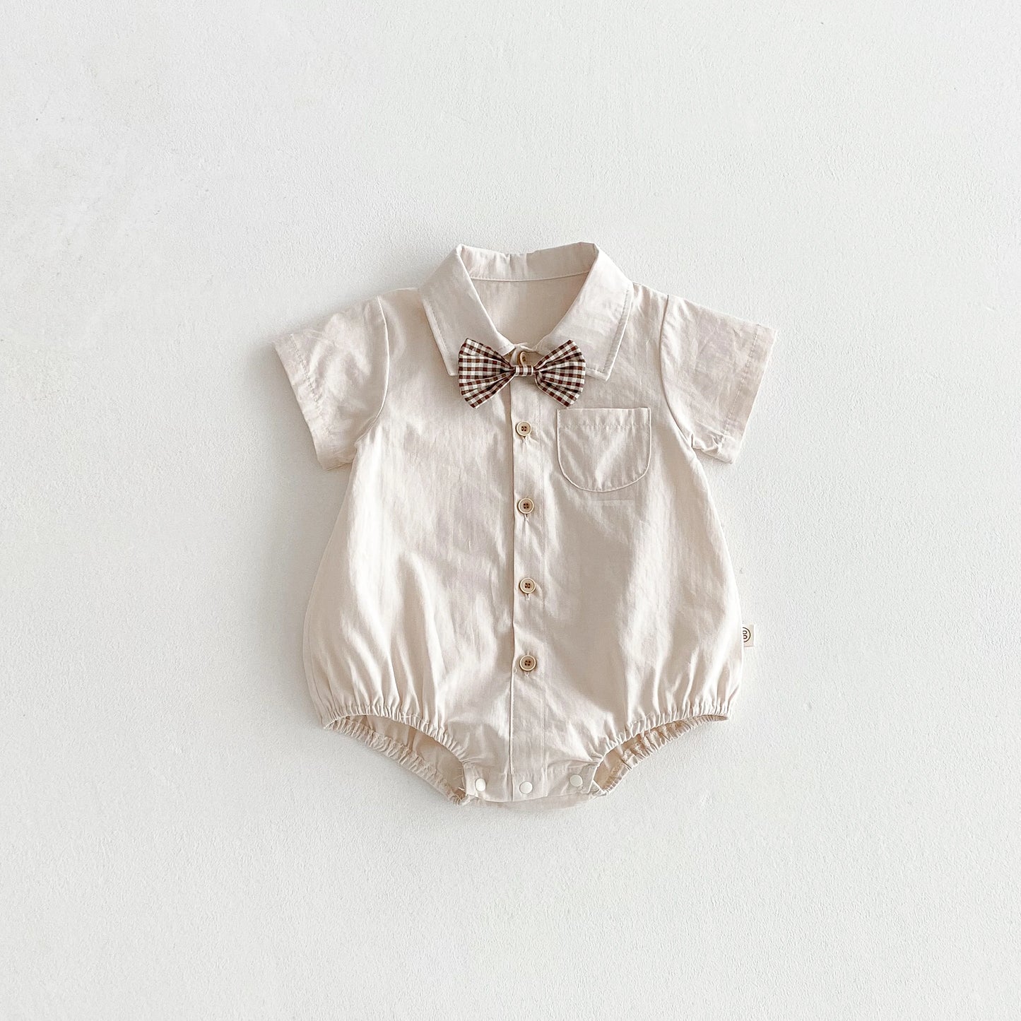 Baby Boy Korean Style Cotton Romper - Short Sleeve Lapel Shirt Jumpsuit with Bow Tie (0-24 Months)