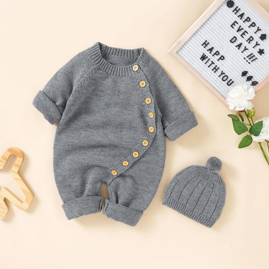Knitted Baby Romper & Hat Set - Soft Side-Button Jumpsuit (0-18M)
