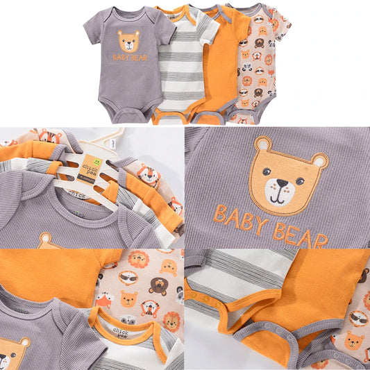 4-Piece Newborn Baby Boy Cotton Bodysuits - Short Sleeve Cartoon Animal Romper Set (0-12M)