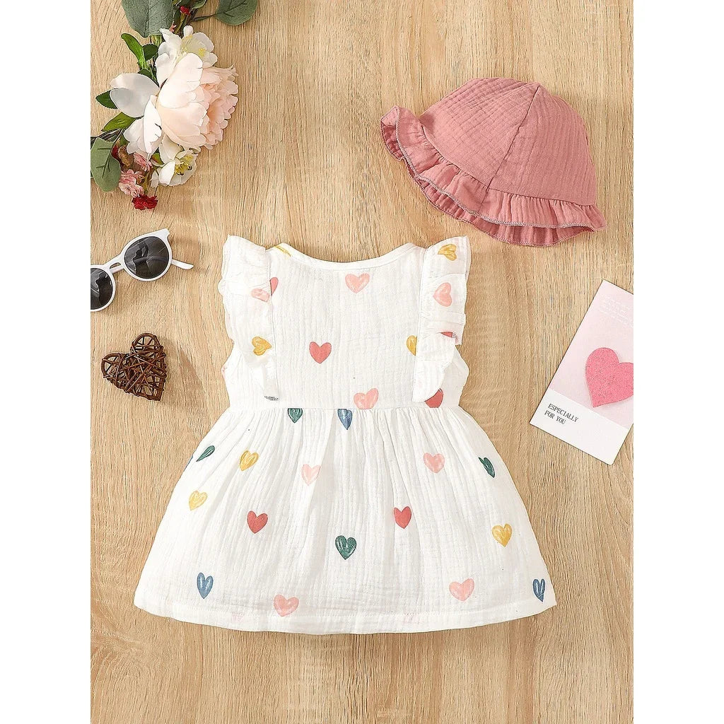 Newborn Baby Girl Heart Print Muslin Cotton Dress & Hat Set - 2PCS Sleeveless Summer A-Line Outfit (0-9M)