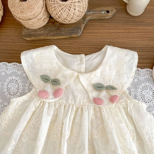 Vintage Cotton Baby, Toddler & Kids Girls Sleeveless Floral Embroidered Dress with Cherry Detail and Large Peter Pan Collar (6M-5T)