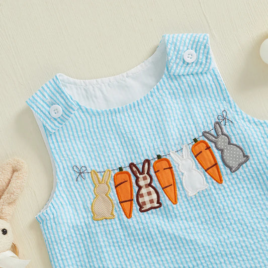 Baby & Toddler Easter Bunny Seersucker Romper - Sleeveless Carrot Embroidered Jumpsuit (3M-3T)