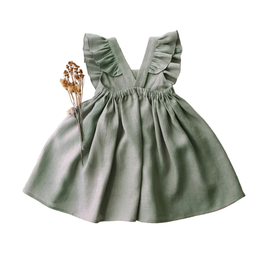 Toddler Girl Linen Cotton Ruffle Apron Dress - Boho Summer Cross-Back Sun Dress (6M-5T)