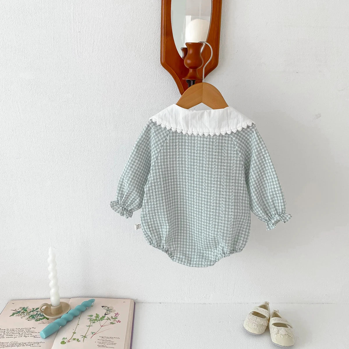 Newborn Baby Girl Sky Blue Gingham Romper - Long Sleeve Peter Pan Collar Cotton Jumpsuit (0-12 Months)