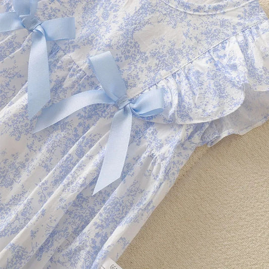 Baby Girl Floral Cotton Romper Set with Matching Sun Hat - Ruffled Princess Bodysuit with Double Bows (0-24M)