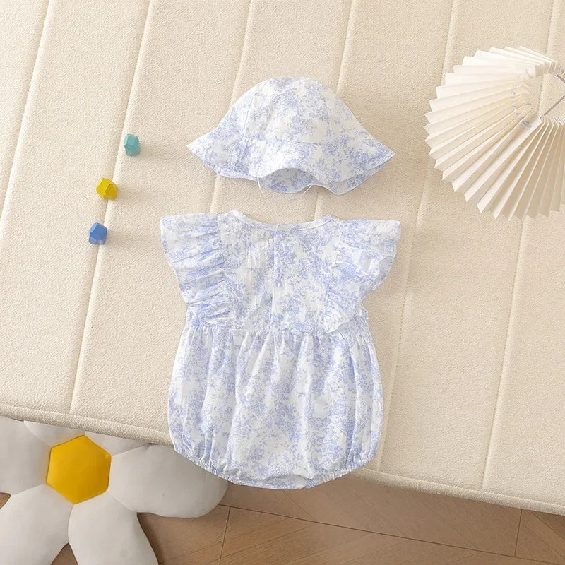Baby Girl Floral Cotton Romper Set with Matching Sun Hat - Ruffled Princess Bodysuit with Double Bows (0-24M)