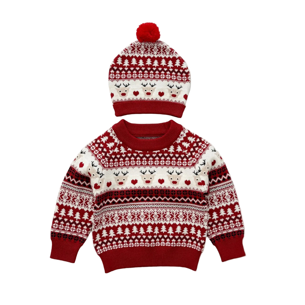 Baby & Toddler Christmas Reindeer Knit Sweater (Optional Matching Beanie) - Red & White Fair Isle Pullover (3M-4T)