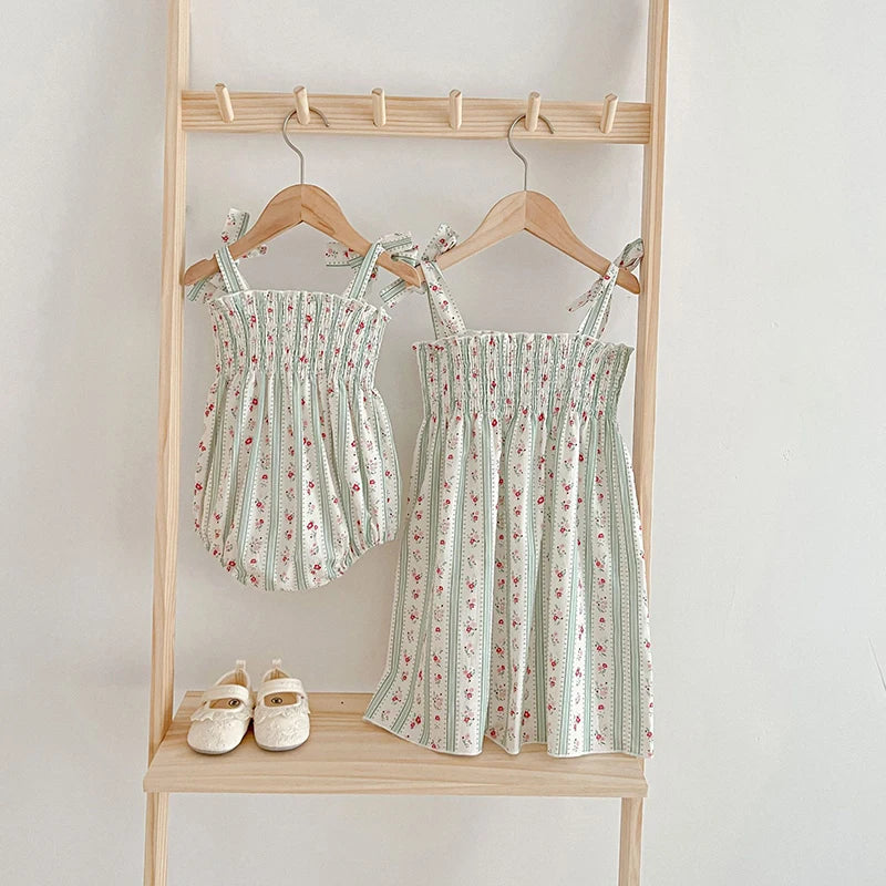 Toddler & Girls Cottage Floral Smocked Sundress - Adjustable Tie Shoulder Cotton Dress (18M-7Y)