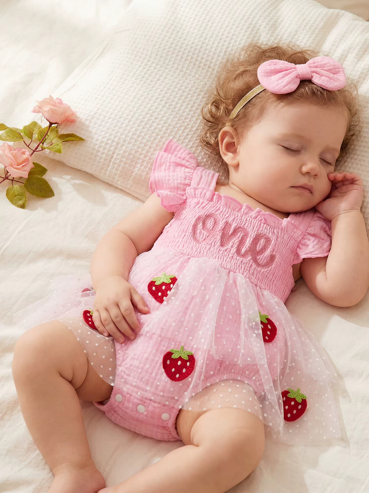 Baby Girl Pink Strawberry Tutu Romper Dress & Bow Headband 1st Birthday Outfit (6-18M)