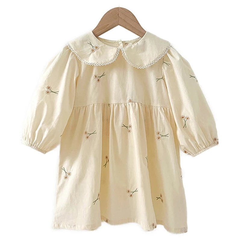 Baby Girl Cream Floral Cotton Dress - Long Sleeve Spring Princess Party Dress (2T-6T)