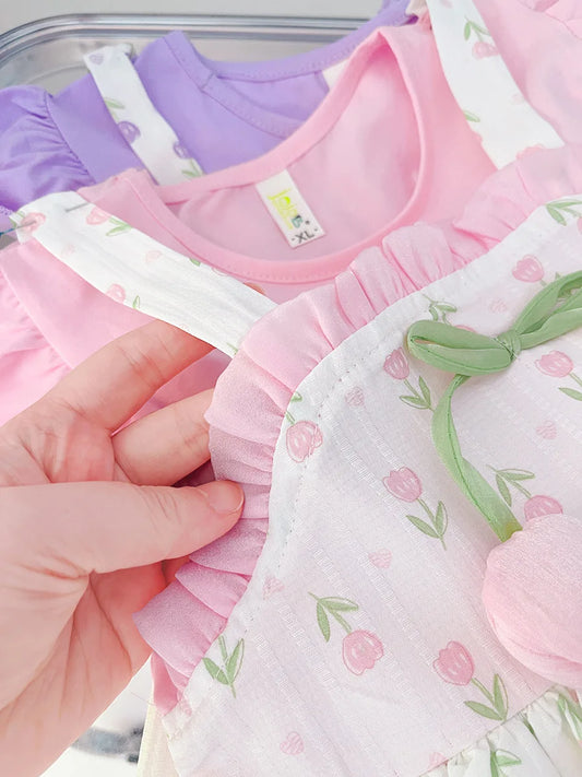 Baby & Toddler Girls Cotton Floral Summer Dress | Mock Two-Piece Ruffled Sun Dress with Decorative Bow (12M-4T)