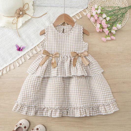 Toddler Girls Gingham Sleeveless Summer Dress – Pastoral Layered Ruffle Dress with Bows (2-7Y)