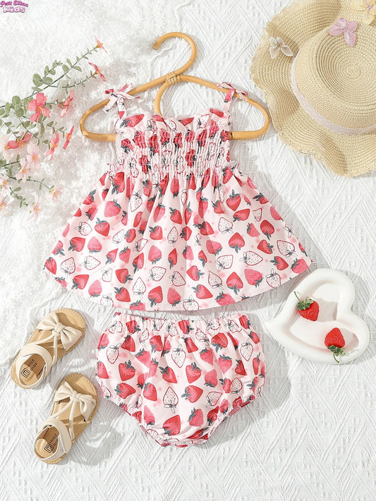 Baby & Toddler Girl Strawberry Print Cotton Outfit - 2Pc Smocked Top & Ruffle Bloomer Set (6M-3T)