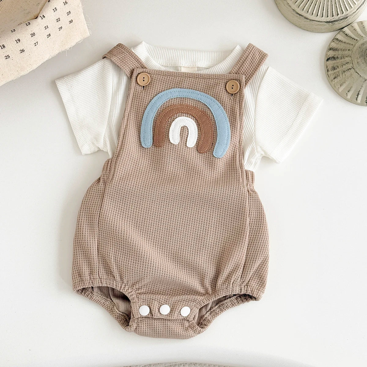 Infant Rainbow Appliqué Waffle Romper Set with Criss-Cross Back & Snap Bottoms (1-18M)