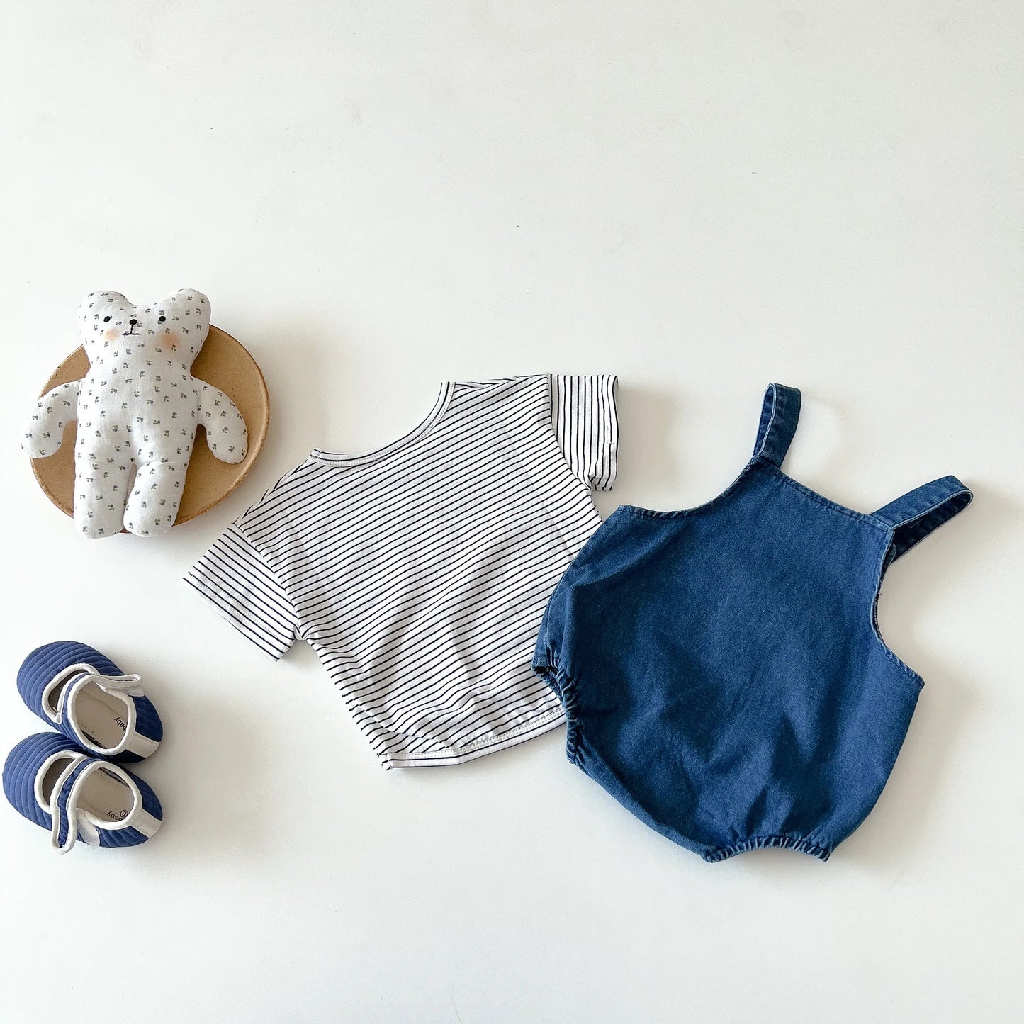 Unisex Baby Striped T-Shirt and Denim Bear Romper Set - 2pc Summer Toddler Outfit (3M-3T)