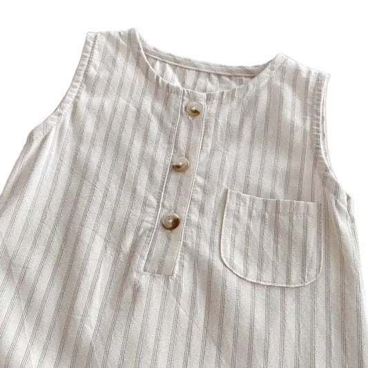 Neutral Ticking-Stripe Sleeveless Baby Romper with Matching Sun Hat - 100% Cotton (0-24M)