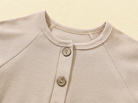 Baby Boy Boutique Ribbed Henley Romper - Knit Cotton Jumpsuit with Natural Wood Buttons (3-24M)