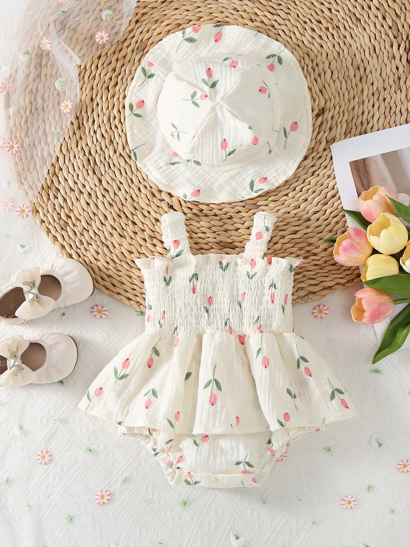 Baby & Toddler Girls Cotton Tulip Print Sleeveless Romper with Matching Sun Hat (3-24M)