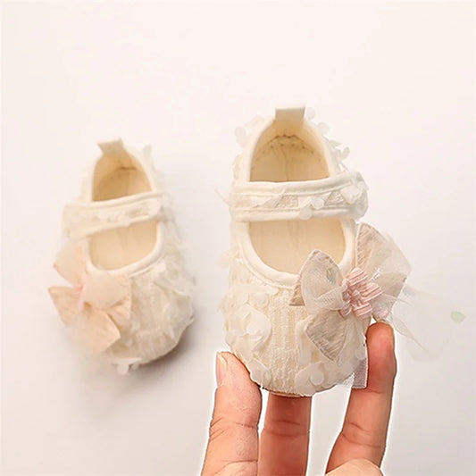 Baby Girl Princess Floral First Walker Shoes - Soft Sole Infant Crib Flats with Bow & Petal Detail, (3-12M)