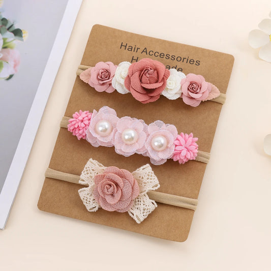 3-Pack Baby Girl Floral Headbands | Soft Nylon Elastic Flower Hair Bows for Infants & Toddlers (3M-8Y)