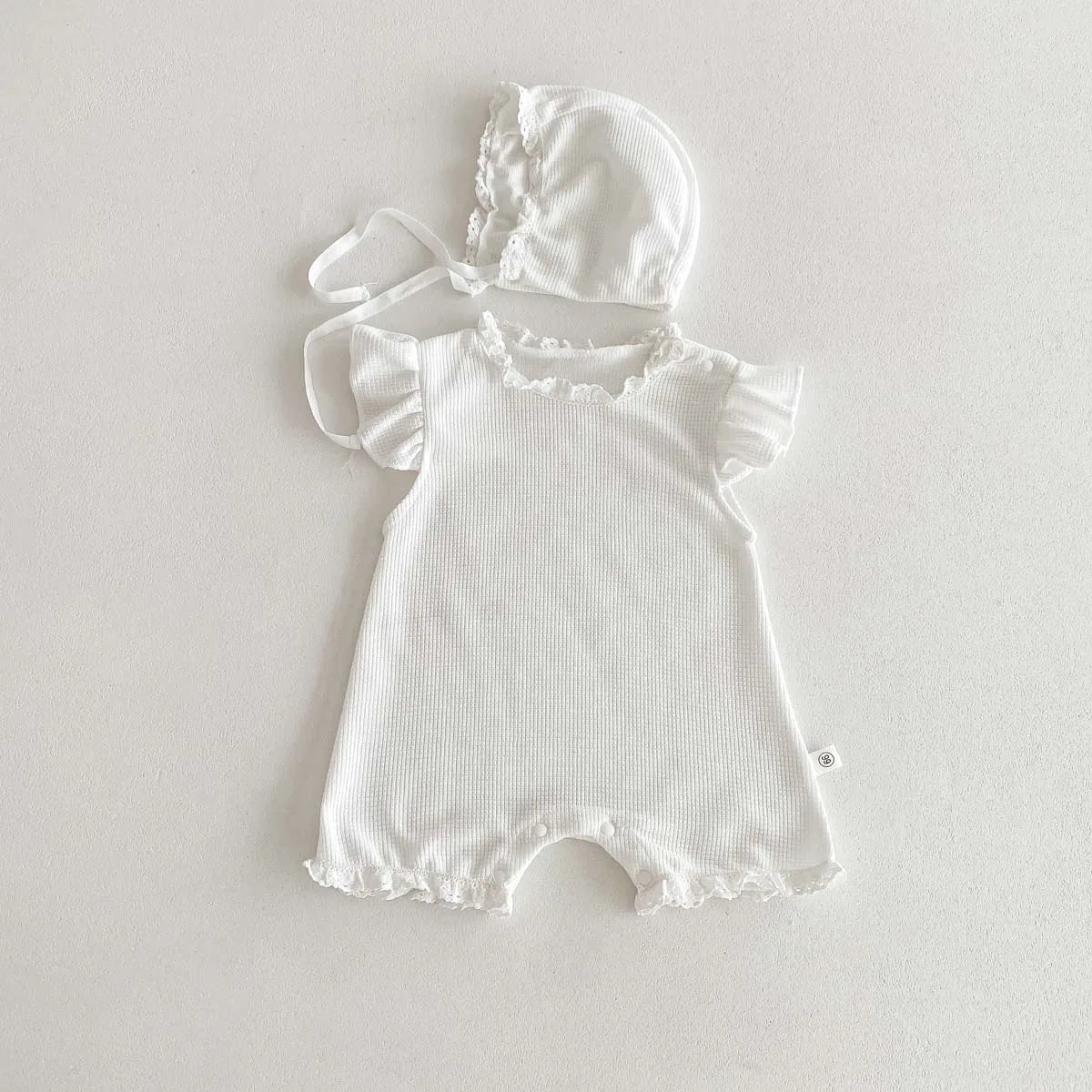 Waffle Knit Baby Girl Romper & Bonnet Set - Ruffle Sleeve Lace Trim Summer Jumpsuit (3-24M)