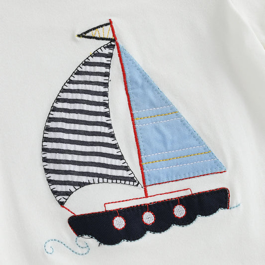 Toddler Baby Boy 2-Piece Summer Shorts Set - Sailboat Embroidered T-Shirt & Striped Nautical Shorts (6M-4T)