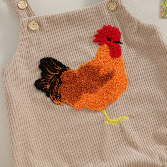 Unisex Baby Rooster Embroidery Corduroy Romper - Sleeveless Beige Overalls Bodysuit (0-12M)