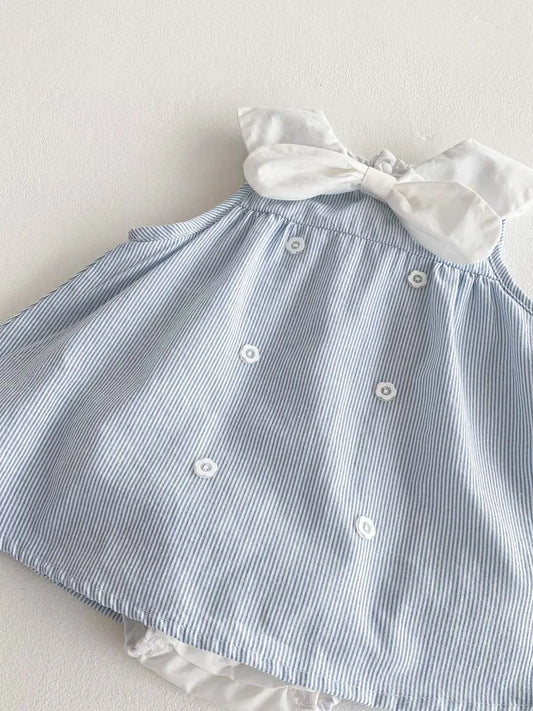 Baby Girl Summer Sailor Dress Romper - Sky Blue Striped Sleeveless Jumpsuit with Bow & Nautical Collar (0-18M)