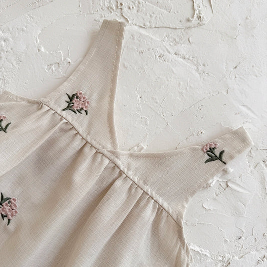 Baby Girl 2-Piece Embroidered Floral Romper Set - White Puff Sleeve Shirt & Camisole Overalls (0-24M)