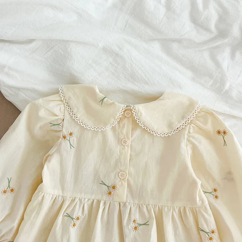 Baby Girl Cream Floral Cotton Dress - Long Sleeve Spring Princess Party Dress (2T-6T)