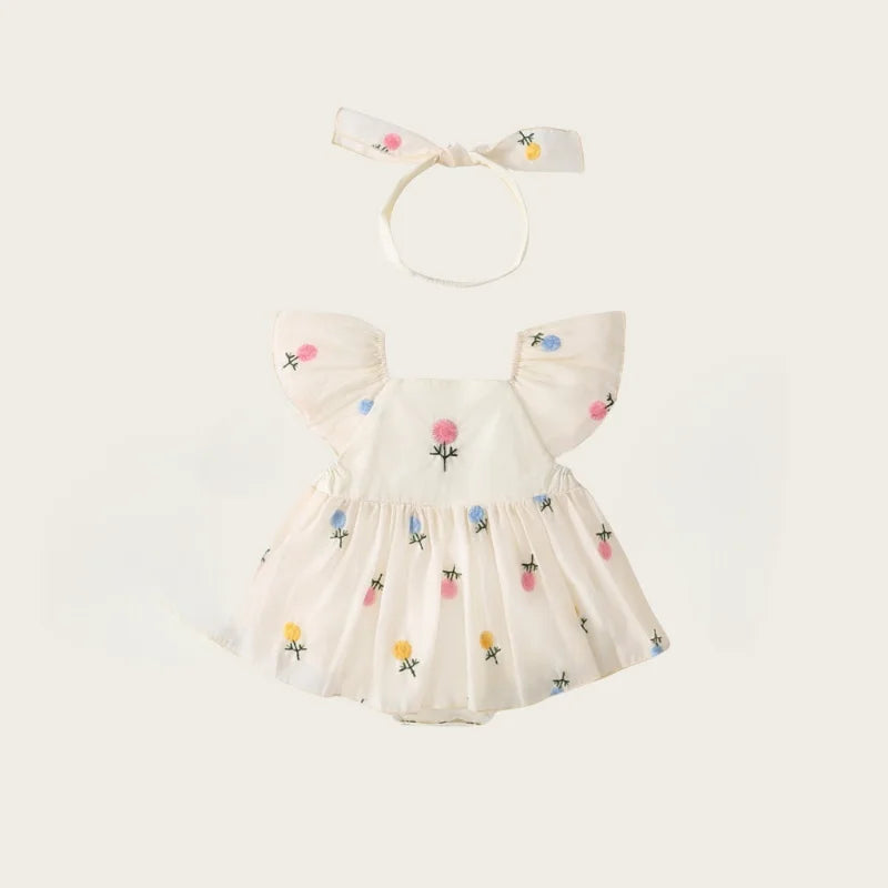 Baby Girl Floral Embroidered Cotton Romper Dress with Matching Headband | Flutter Sleeve Summer Toddler Outfit (3-24M)